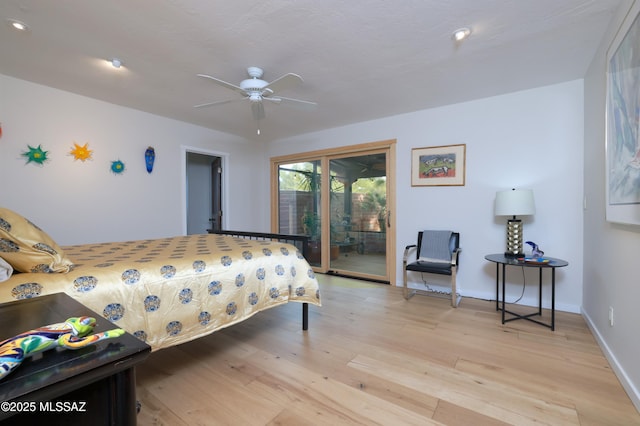 bedroom with access to outside, ceiling fan, and light hardwood / wood-style flooring