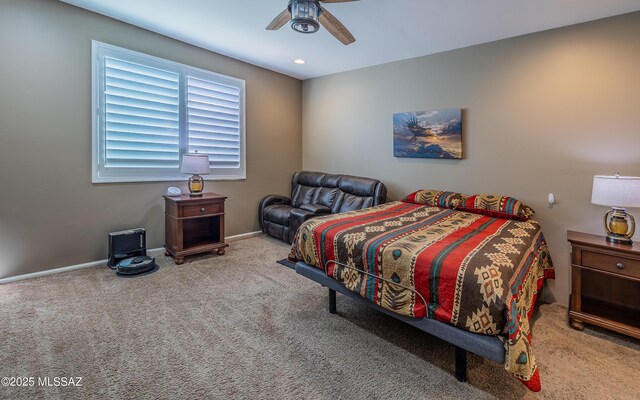 bedroom with recessed lighting, baseboards, ceiling fan, and carpet flooring
