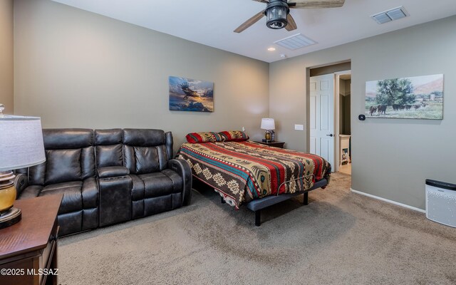 carpeted bedroom featuring recessed lighting, visible vents, baseboards, and a ceiling fan