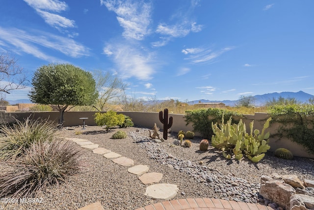 view of yard featuring a fenced backyard and a mountain view