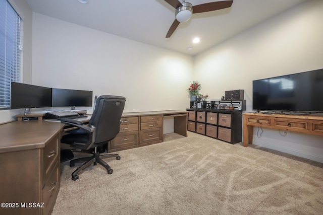 office featuring recessed lighting, light colored carpet, and ceiling fan