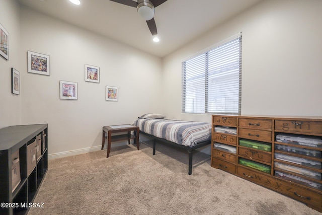 bedroom with a ceiling fan, recessed lighting, carpet flooring, and baseboards