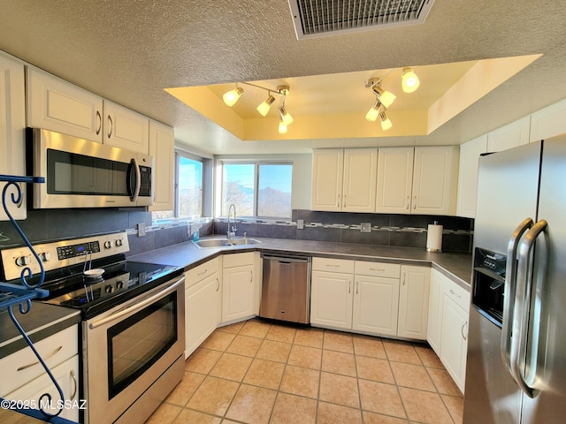 kitchen with stainless steel appliances, sink, a raised ceiling, a textured ceiling, and white cabinets