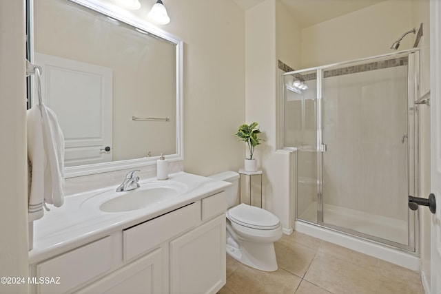 bathroom with tile patterned flooring, an enclosed shower, vanity, and toilet