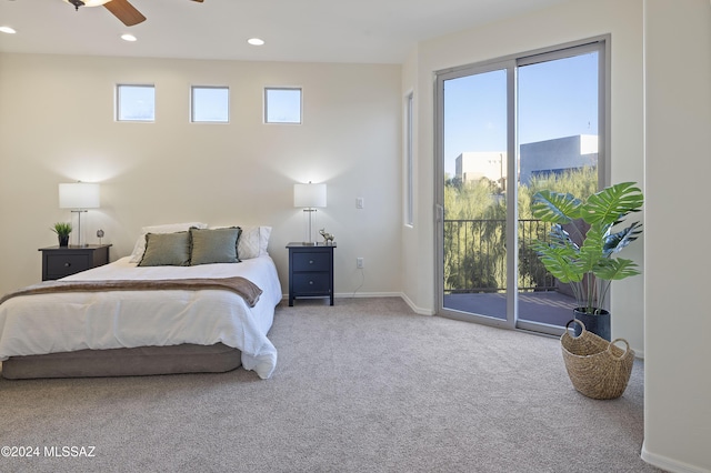 carpeted bedroom featuring ceiling fan and access to outside