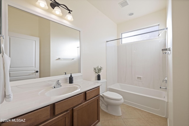 full bathroom featuring vanity, toilet, tub / shower combination, and tile patterned flooring