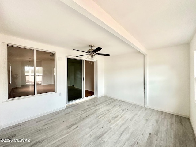 interior space featuring beam ceiling, wood finished floors, baseboards, and ceiling fan