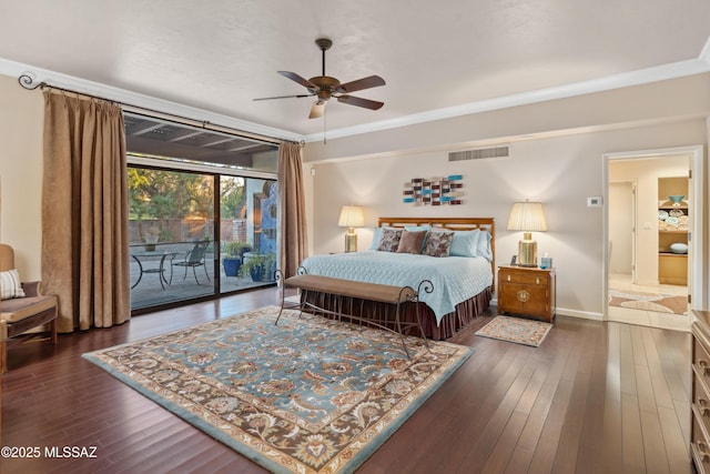 bedroom featuring dark wood-type flooring, ceiling fan, access to exterior, and crown molding