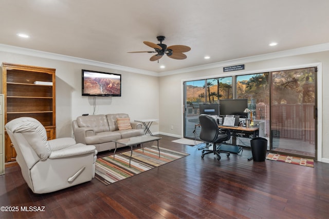 office featuring crown molding, dark wood-type flooring, and ceiling fan