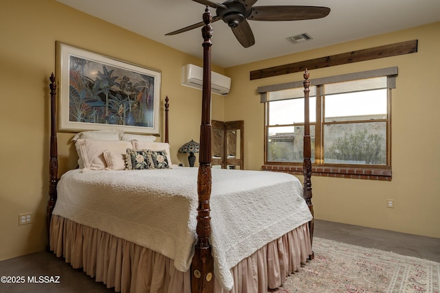 bedroom with a ceiling fan, visible vents, and an AC wall unit