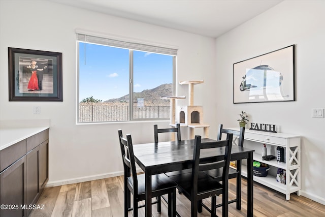 dining space featuring light wood finished floors, a mountain view, and baseboards