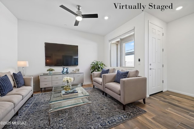 living area featuring dark wood-style floors, recessed lighting, ceiling fan, and baseboards