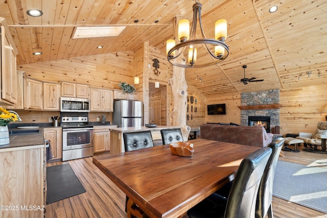 12641 N Ajo Ave, Mount Lemmon, AZ 85619 - dining area featuring wooden ceiling, wood walls, a chandelier, high vaulted ceiling, and light wood finished floors
