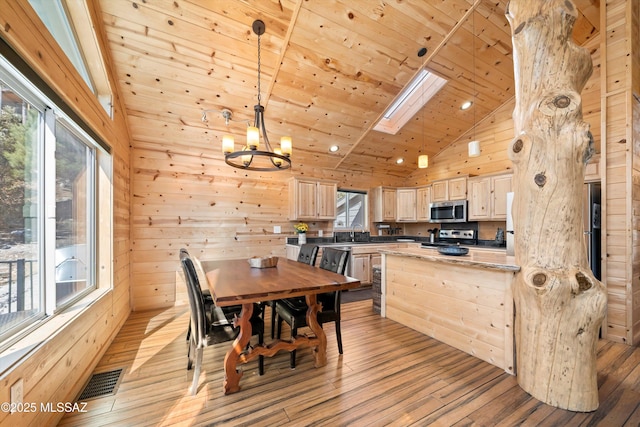 interior space featuring visible vents, wooden ceiling, appliances with stainless steel finishes, light brown cabinetry, and wood walls