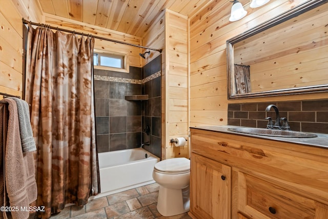 bathroom with wooden ceiling, toilet, wood walls, shower / bath combo with shower curtain, and stone tile flooring