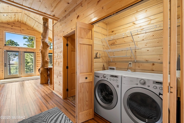 12641 N Ajo Ave, Mount Lemmon, AZ 85619 - laundry room featuring wooden walls, washer and clothes dryer, hardwood / wood-style floors, and wooden ceiling
