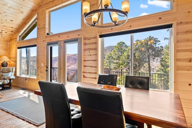 12641 N Ajo Ave, Mount Lemmon, AZ 85619 - dining room with wooden walls, a chandelier, wood finished floors, healthy amount of natural light, and wood ceiling