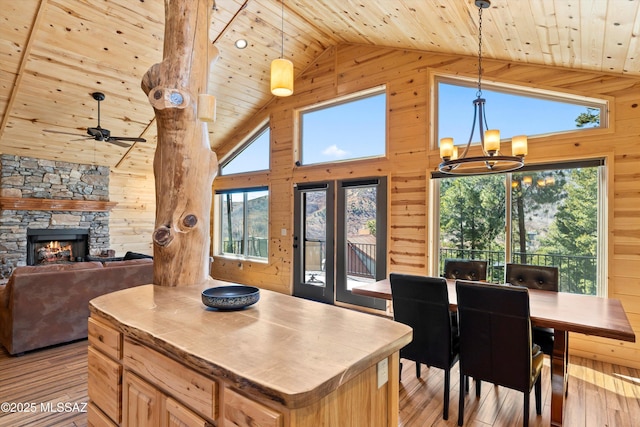 kitchen featuring light wood-type flooring, wooden ceiling, a fireplace, and wooden walls