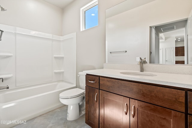 full bathroom featuring tile patterned flooring, visible vents, toilet, bathtub / shower combination, and vanity