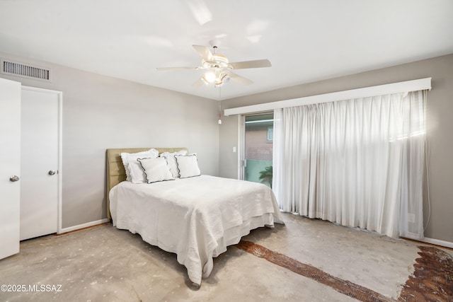 bedroom featuring access to exterior, visible vents, and a ceiling fan