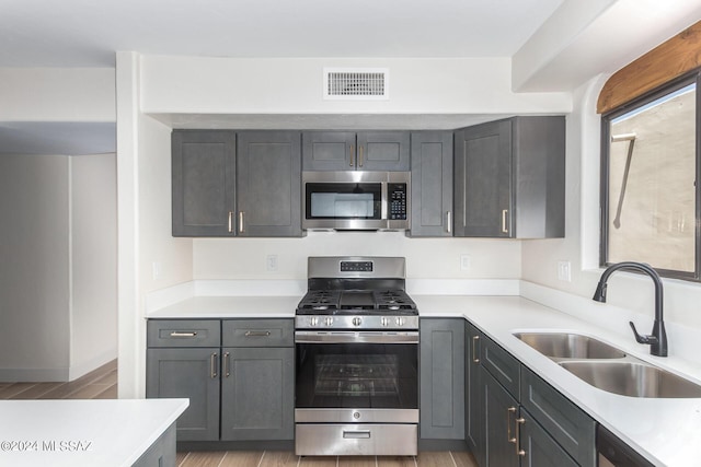 kitchen featuring appliances with stainless steel finishes, sink, and light wood-type flooring