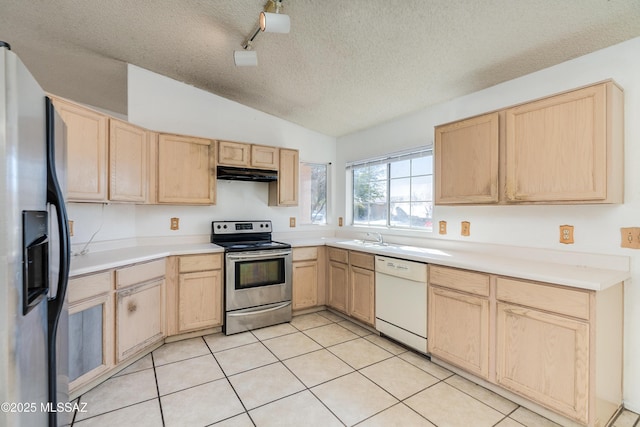 kitchen featuring lofted ceiling, appliances with stainless steel finishes, and light brown cabinets