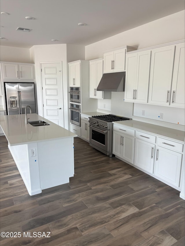 6650 W Winding Knoll Pl, Marana, AZ 85658 - kitchen featuring dark wood-style floors, a sink, under cabinet range hood, high end appliances, and white cabinets