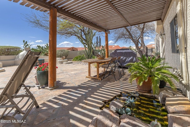 view of patio / terrace featuring a pergola, a fenced backyard, and outdoor dining area