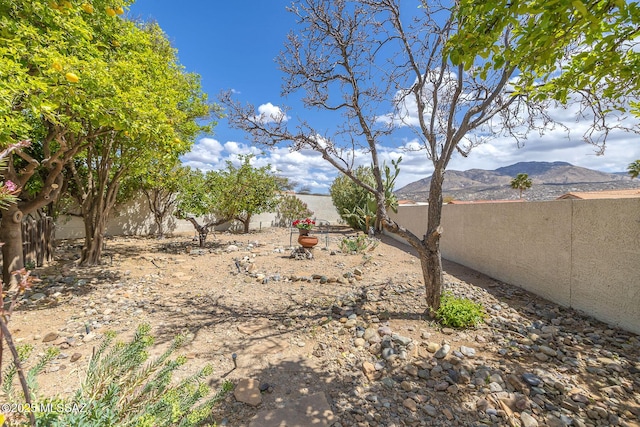 view of yard with a mountain view and a fenced backyard