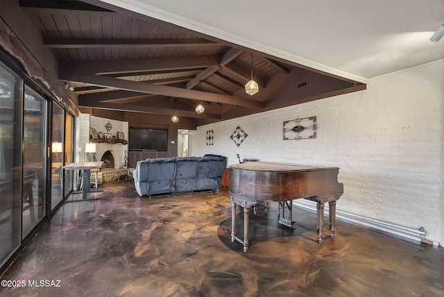 interior space with wooden ceiling, brick wall, and vaulted ceiling with beams