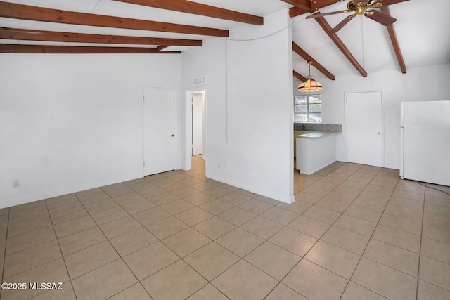 unfurnished living room with light tile patterned flooring, ceiling fan, and vaulted ceiling with beams