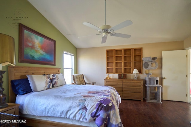 bedroom with lofted ceiling, dark wood finished floors, and a ceiling fan