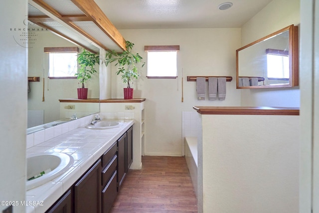 bathroom with double vanity, wood finished floors, a bathtub, and a sink