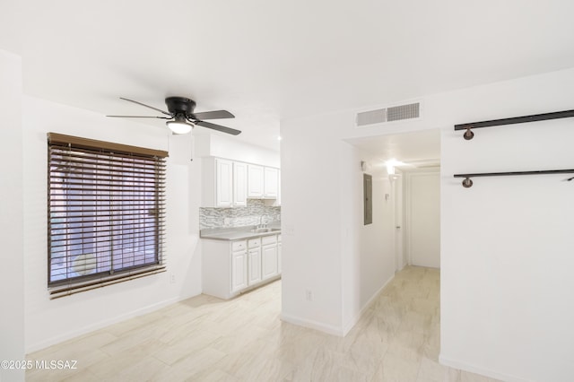 interior space featuring sink, electric panel, and ceiling fan