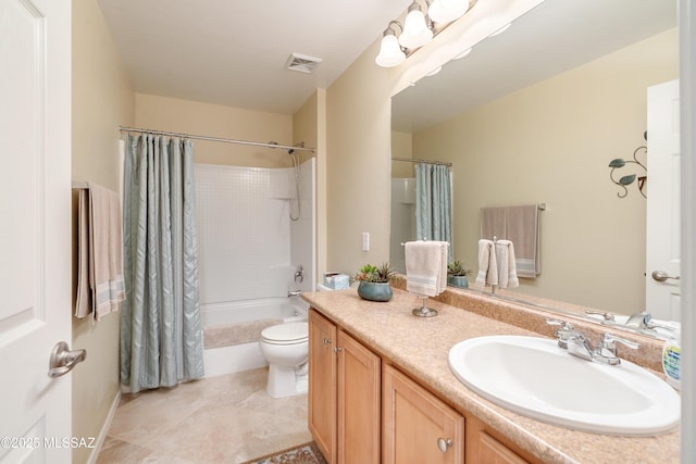 full bathroom with tile patterned flooring, toilet, vanity, visible vents, and shower / bath combo with shower curtain