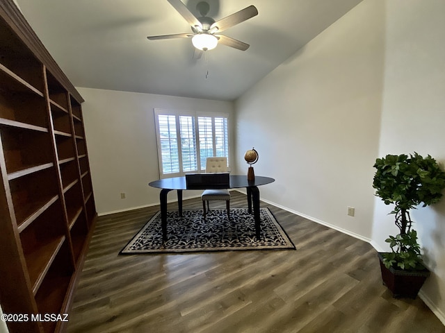 office featuring lofted ceiling, dark wood-type flooring, and ceiling fan