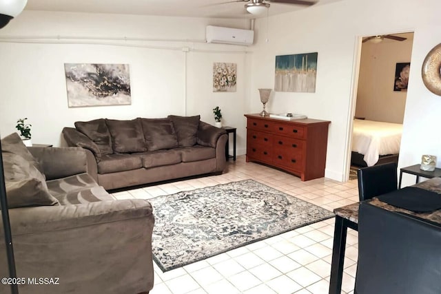 tiled living room with a wall unit AC and ceiling fan