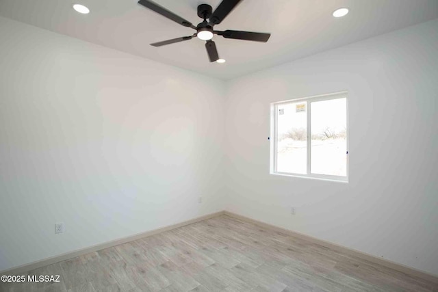 unfurnished room with recessed lighting, wood finished floors, and a ceiling fan