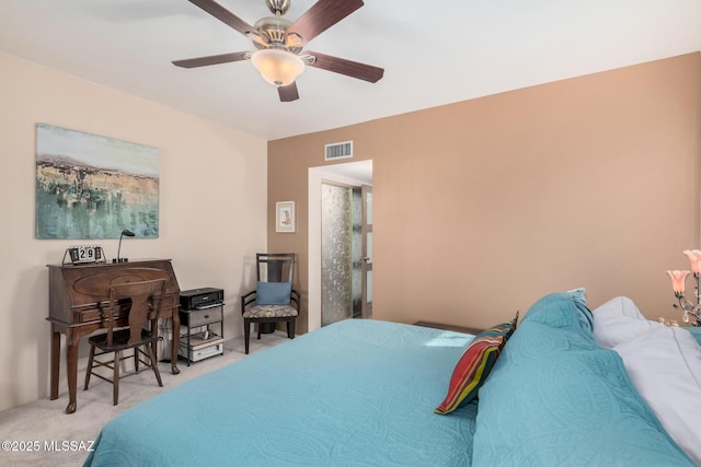 bedroom with light colored carpet and ceiling fan