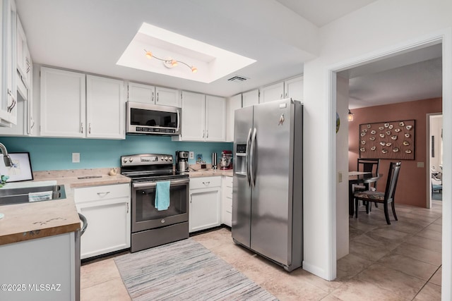 kitchen featuring sink, appliances with stainless steel finishes, white cabinets, and a skylight