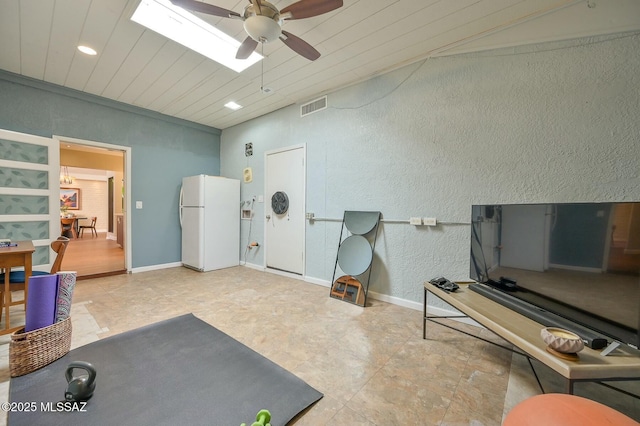 miscellaneous room with ceiling fan, vaulted ceiling, and wooden ceiling