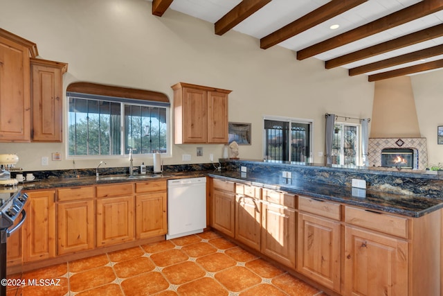 kitchen with a tile fireplace, dishwasher, sink, and dark stone countertops