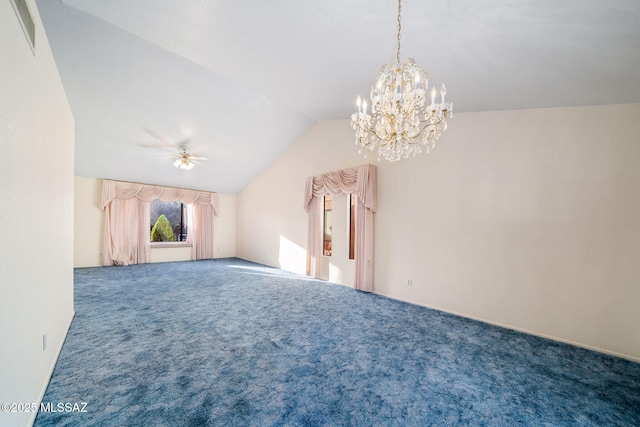 unfurnished living room featuring lofted ceiling, a notable chandelier, and carpet flooring