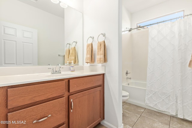 60437 E Arroyo Vista Dr, Oracle, AZ 85623 - bathroom featuring vanity, shower / tub combo, tile patterned flooring, and toilet