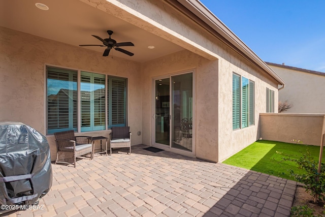 60437 E Arroyo Vista Dr, Oracle, AZ 85623 - view of patio / terrace with ceiling fan and grilling area