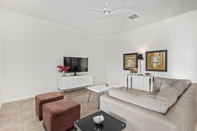 60437 E Arroyo Vista Dr, Oracle, AZ 85623 - tiled living room featuring a ceiling fan and baseboards