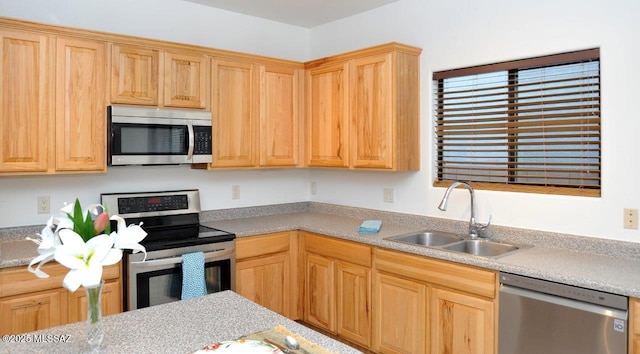 kitchen featuring stainless steel appliances, light brown cabinets, and sink