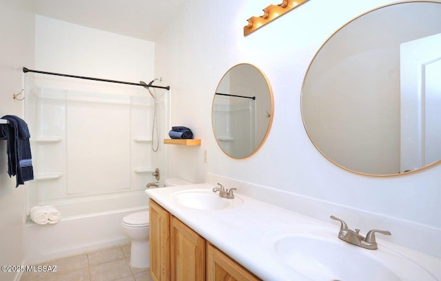 full bathroom featuring shower / bathtub combination, vanity, toilet, and tile patterned floors