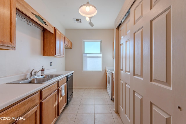 kitchen featuring visible vents, black dishwasher, light tile patterned floors, white electric range, and a sink