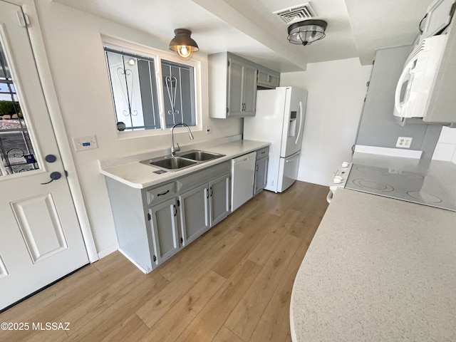 kitchen with sink, gray cabinetry, white appliances, and light wood-type flooring